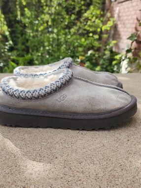 UGG Tasman Light Gray Suede Shearling Cuff Slippers.